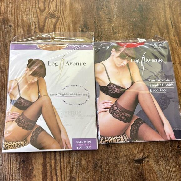 Set of 2 Leg Avenue *New*Thigh Hi Lace Top plus size 1x-3x 1011Q red/nude nylon - Picture 1 of 6